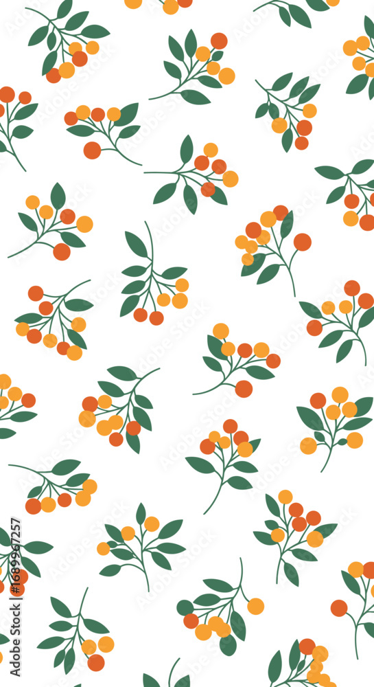 Obraz premium Autumn berry branches with green leaves on a white background repeating pattern