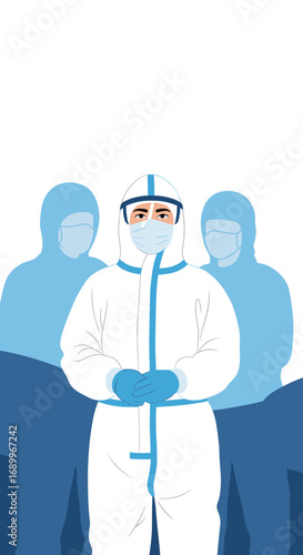 Heroic healthcare workers stand united against global pandemic threat wearing protective gear