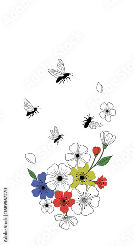 Artistic rendering of spring blossoms and buzzing insects in a whimsical floral composition