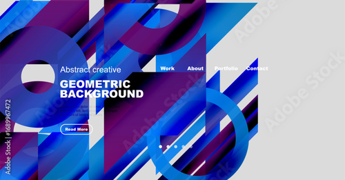 Abstract geometric background features vibrant blue, purple hues. Website navigation includes work, about, portfolio, contact options. Button reads read more.