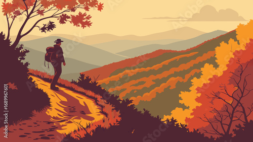 Solo Hiker on Winding Autumn Mountain Trail at Sunset, Vibrant Fall Foliage Landscape Adventure