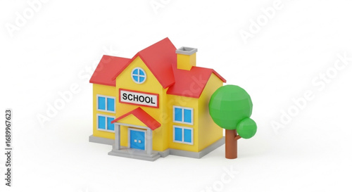 School building cartoon vector illustration with tree for education learning and back to school concept design