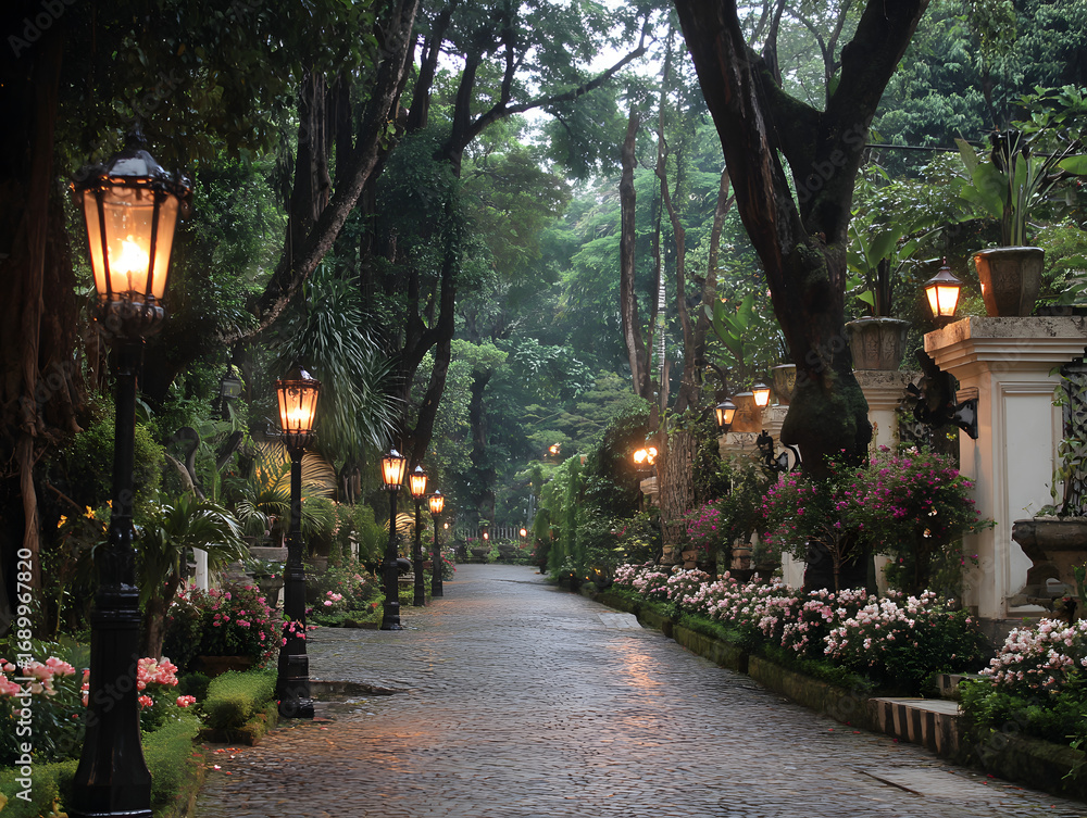 Obraz premium Lamp Post Lined Walkway in Garden