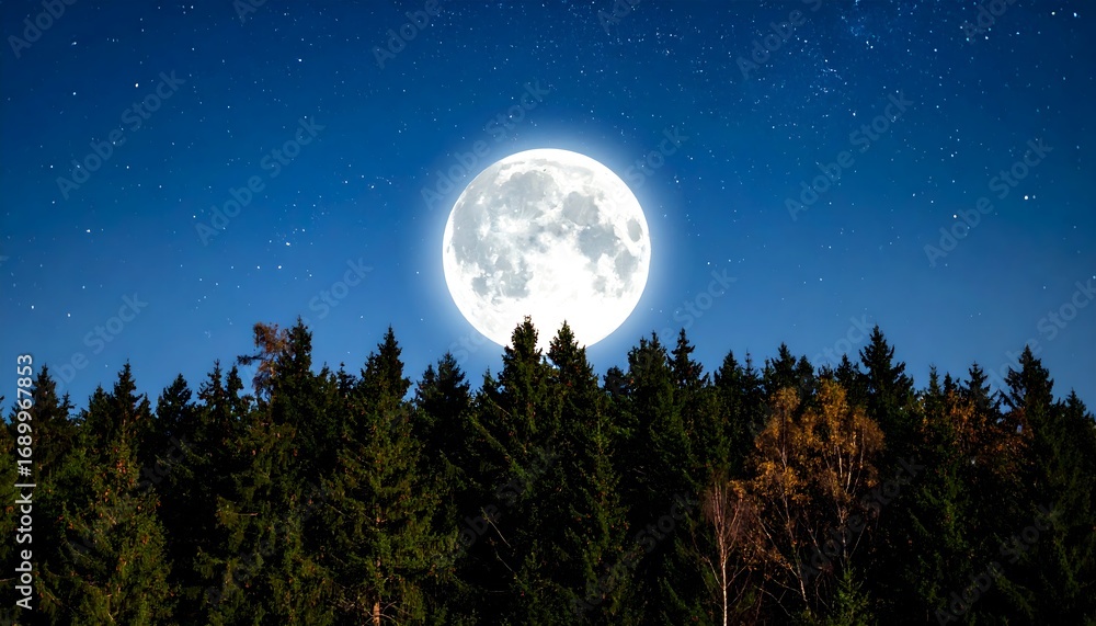 Fototapeta premium Full moon rising above forest treetops, night sky with stars.