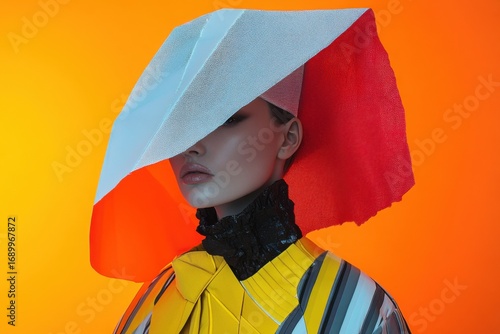 Avantgarde fashion with bold geometric shapes, experimental materials, surreal concept and studio lighting