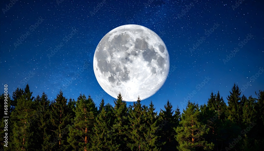 Naklejka premium Full moon rising above forest treetops, night sky with stars.