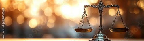 Antique metal balance scale with two empty pans against a warm bokeh background symbolizing justice and fairness