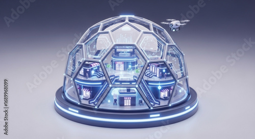 Futuristic dome city concept art with drone delivery and neon lights for metaverse and sci fi design