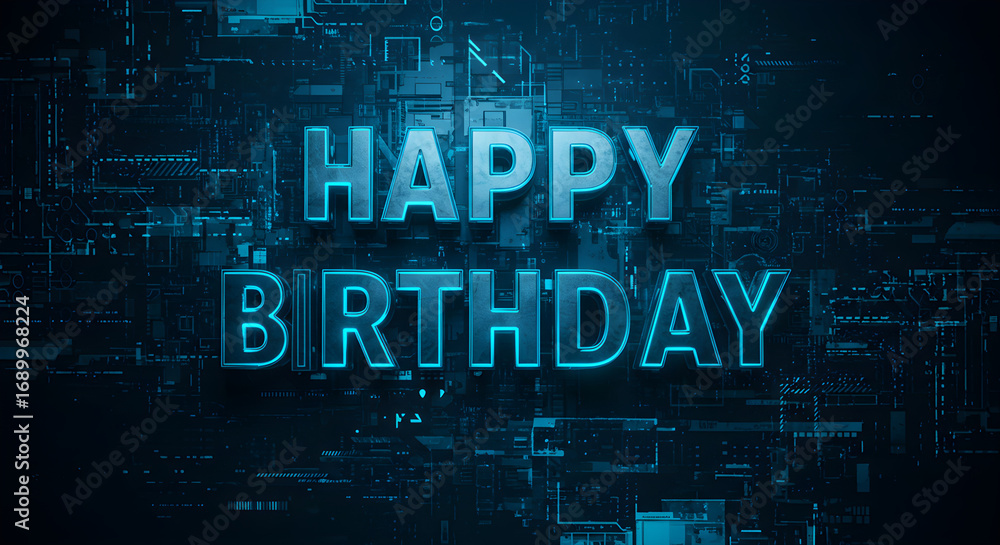 Obraz premium Stunning Happy Birthday text with futuristic blue digital background perfect for celebrations
