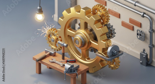 Illustration of golden gears machinery with tools on a workbench for engineering and mechanics concept