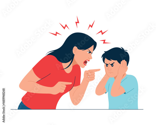 Angry Mom Yelling at Son Illustration of Family Conflict