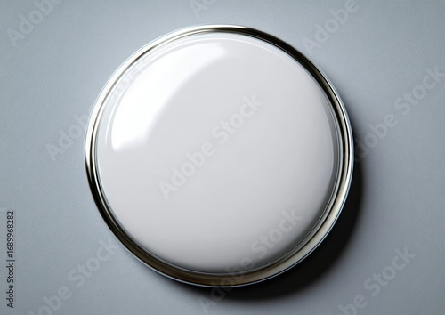 Minimalist round ceiling light fixture with a white dome and metallic rim mounted on a textured gray ceiling, emitting soft reflections