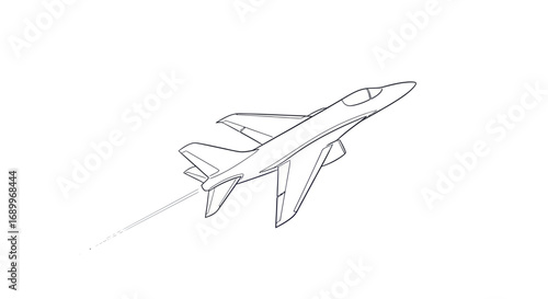 Simple black and white line art illustration of a modern military fighter jet in flight with a contrail.