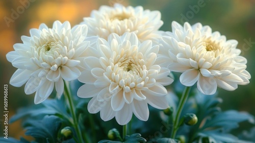 Close-up of five white chrysanthemum flowers with soft petals and green leaves in natural light