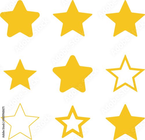 Star rating icons, solid, outlined, partial fill, 3x3 grid, feedback, review system, vector illustration for evaluation, score, UI design use