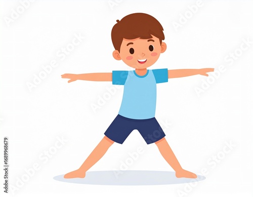 Young boy in a warrior pose promoting fitness and healthy habits