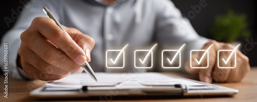A hand with a pen hovering over a checklist on a clipboard, featuring glowing checkmarks in boxes. Focus on accuracy and review process