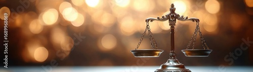 Antique brass balance scale on reflective surface with warm golden bokeh background conveying fairness and justice