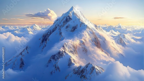 Snow-covered towering mountain peak emerging through soft clouds under a pastel sky at sunrise or sunset, evoking awe and tranquility