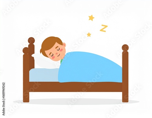 Flat cartoon illustration of a peaceful boy sleeping soundly in his cozy bed