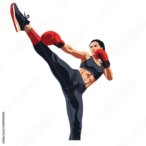 Powerful female kickboxer executing a high kick, showcasing strength and athleticism.