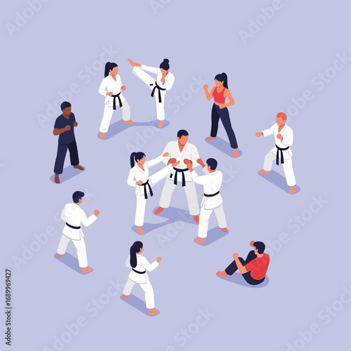 Diverse group of people practicing karate, instructor leads class, students training, martial arts, self-defense.