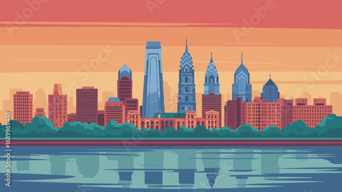 Philadelphia city skyline vector illustration at sunset. Urban landscape of famous pennsylvania downtown with skyscrapers reflecting in water