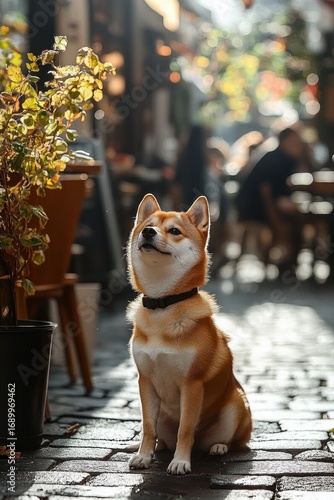 A small dog sitting attentively on a cobblestone street with sunlight illuminating its fur next to a potted plant in an outdoor cafe setting