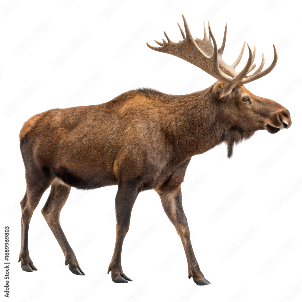 Fototapeta premium Standing moose with massive branched antlers and sturdy body, majestic wildlife portrait isolated on white background. PNG