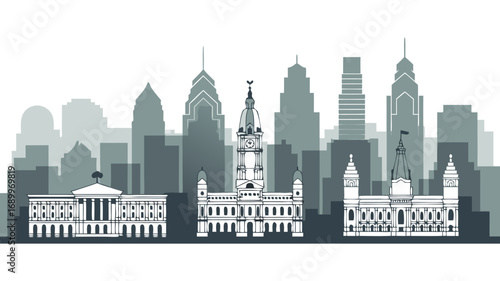 Philadelphia Skyline Vector Illustration with City Hall and Architectural Landmarks, a Cityscape Silhouette