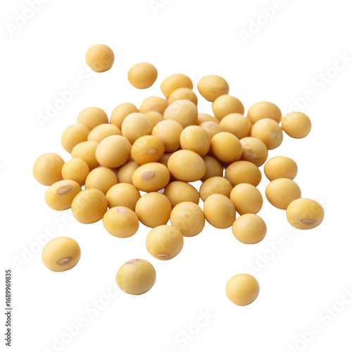 Scattered group of raw soybeans with round pale beige seeds, natural legume ingredient isolated on white background. PNG