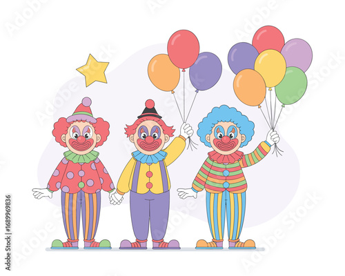 A trio of cheerful clowns holding colorful balloons, ready for a celebration