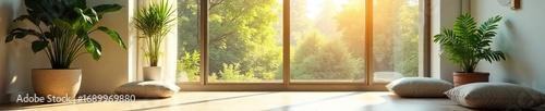 Serene office space, minimalist design, sunlight streaming through large window, plants, meditation cushion, peaceful atmosphere, ideal for mindful business ,  productivity,  yoga
