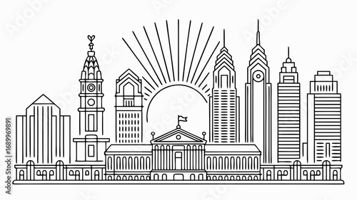 Philadelphia Skyline Vector Illustration with Rising Sun and City Hall, Showing a Famous Cityscape Landmark