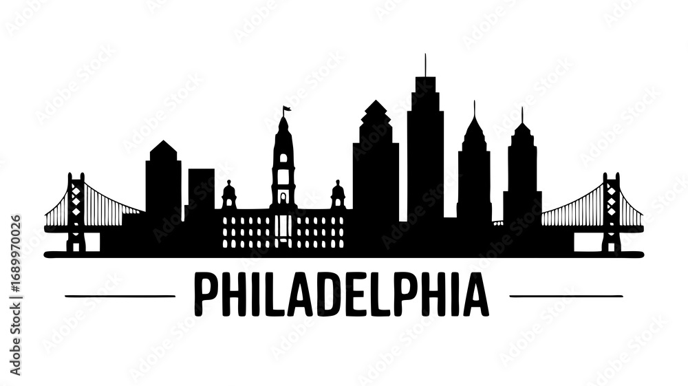 Fototapeta premium Philadelphia Skyline Vector Silhouette Illustration, A Cityscape with Iconic Landmarks and Architectural Designs