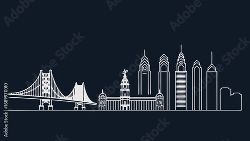 Philadelphia skyline vector illustration featuring iconic landmarks and bridges in a minimalist white outline against a dark blue background