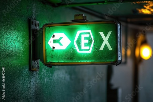 illuminated green exit sign with arrow in a dimly lit industrial corridor