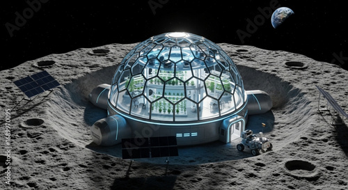 Lunar habitat dome with hydroponics system for space exploration and colonization on the moon surface