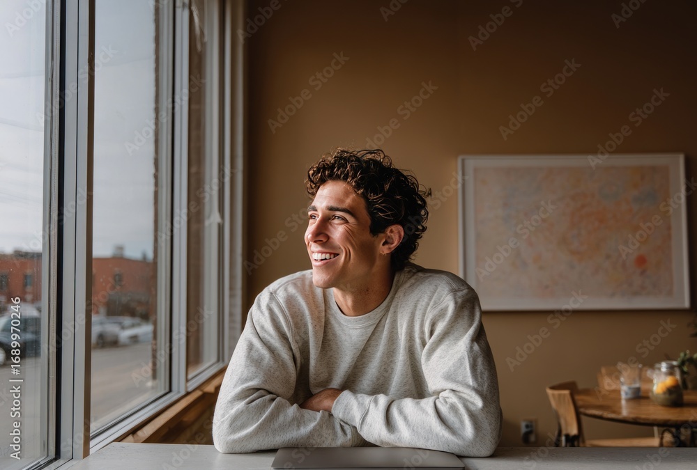 Fototapeta premium Young man with curly hair sits by a window, smiling, a laptop resting on the table. Warm interior with muted colors and sunlight