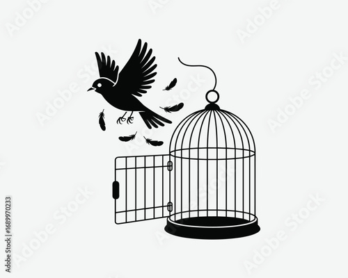 Silhouette of a bird flying free from an open cage, a symbol of freedom and new beginnings