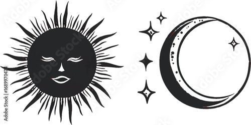 Black Sun and Crescent Moon with Stars Illustration