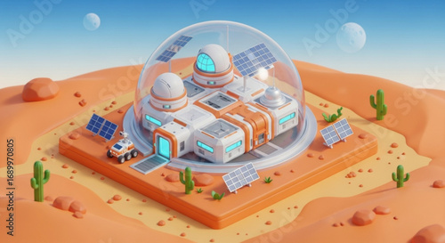 Futuristic mars base habitat with solar panels and rover for space exploration and colonization concept art
