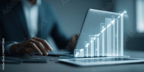 A person in a suit works on a laptop. Overlayed is a graphic depicting growing statistics, emphasizing finance and economics