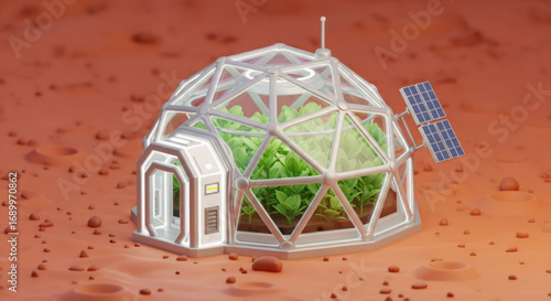 Mars greenhouse habitat dome with solar panels for space exploration and colonization concept art render
