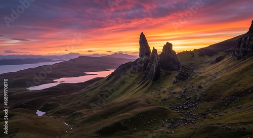 Dramatic sunset over the Old Man of Storr, a rocky pinnacle on the Isle of Skye, Scotland, with vibrant colors painting the sky and landscape.