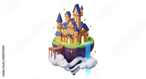 Fantasy castle floating island illustration with waterfall and bridge vector design element art asset render
