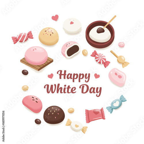 A colorful assortment of sweets and candies celebrating White Day.