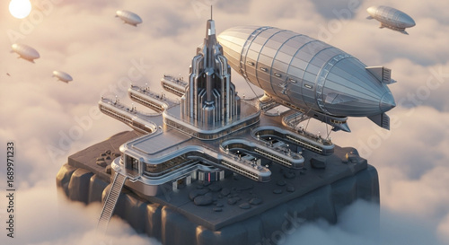Airship city futuristic architecture fantasy zeppelin travel concept art sky high residence design render