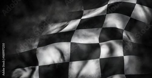 Black and white checkered flag waving with fabric texture and smoky dark background conveying motion and intensity