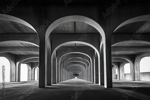 Black and white photo of a long series of concrete arches forming a symmetrical tunnel with light at the end, creating a sense of depth and perspective
